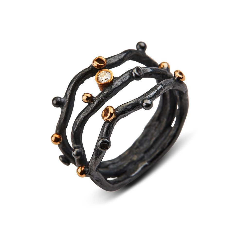 By Birdie - Grace Triple Ring - Sølv, 14KT Guld, Brillant - 50110228 55