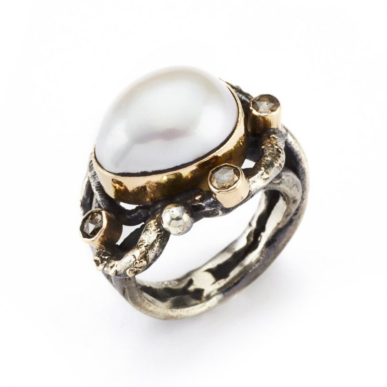 By Birdie: Callisto Ring - Slv, 14 KT Guld, Perle, Diamanter - 50110071
